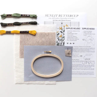 contents of Sunlit Buttercup Cross Stitch Kit
