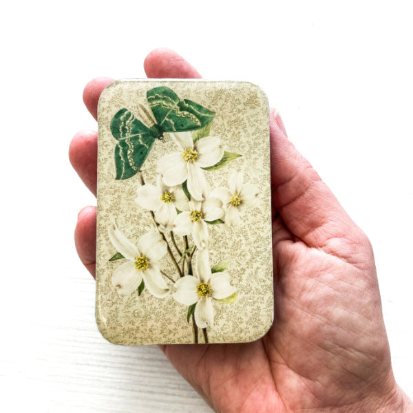 Green moth and dogwood stitch marker notions tin