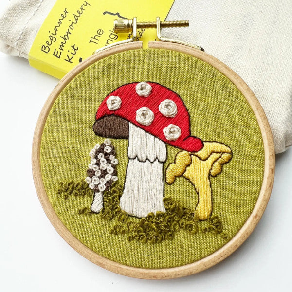 trio of fungis mushrooms embroidery kit
