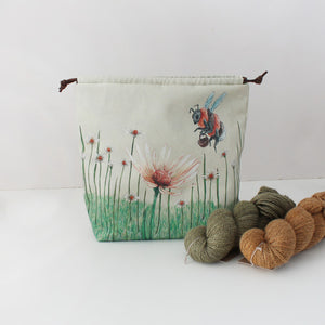 Bonnie the Bumblebee Project bag with hanks of yarn