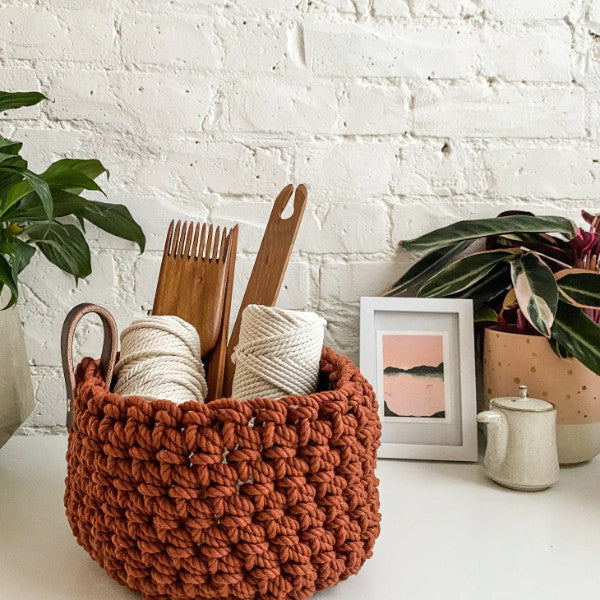 Crochet rope basket in copper