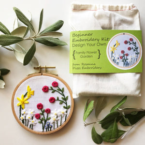 Family Flower garden embroidery kit with sample and project bag
