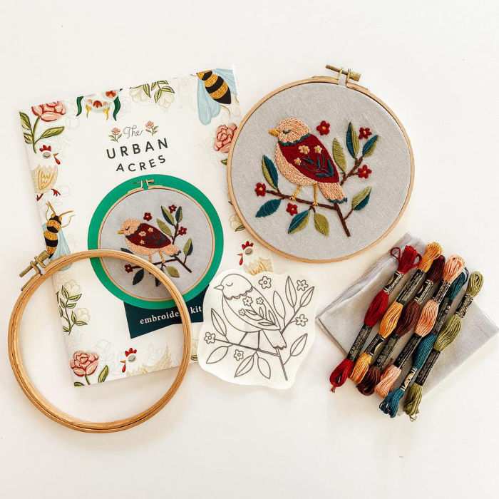 Folk Bird Embroidery Kit with design transfer
