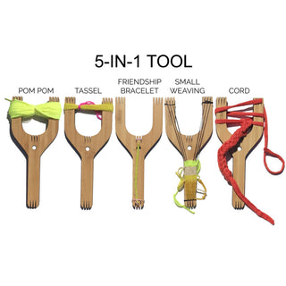 The 5-in-1 Loome tool making pom poms, friendship bracelets and weaving