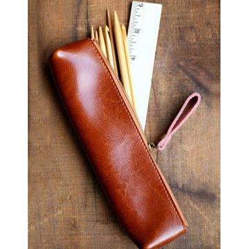 leather tool case with double pointed needles and ruler