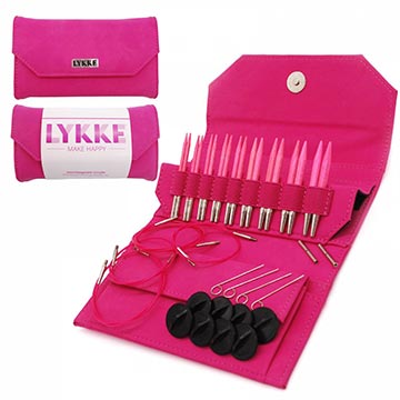Lykke Blush knitting needle set with 3.5 inch tips in a fuchsia pouch
