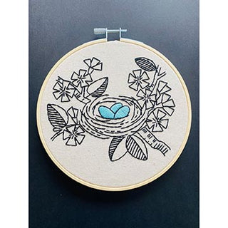 Embroidery of a birds nest with blue eggs