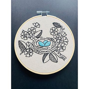 Embroidery of a birds nest with blue eggs