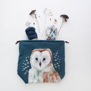 Owl project bag with yarn hanks