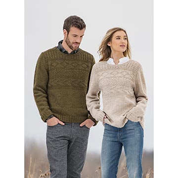 A man and woman wearing the Pemberton Pullover sweater from Blue Sky Fibers