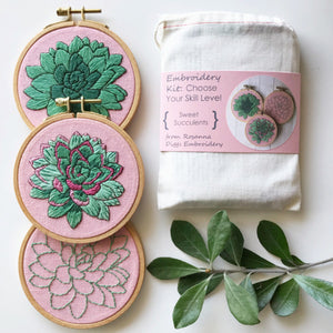 Succulent Embroidery Kit with three completed samples