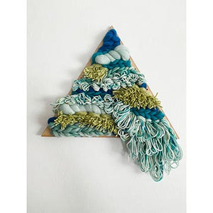 completed woven triangle loom in blue and yellow yarn