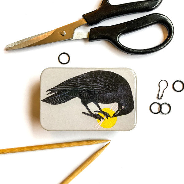 yarn crow notions tin with stitch markers