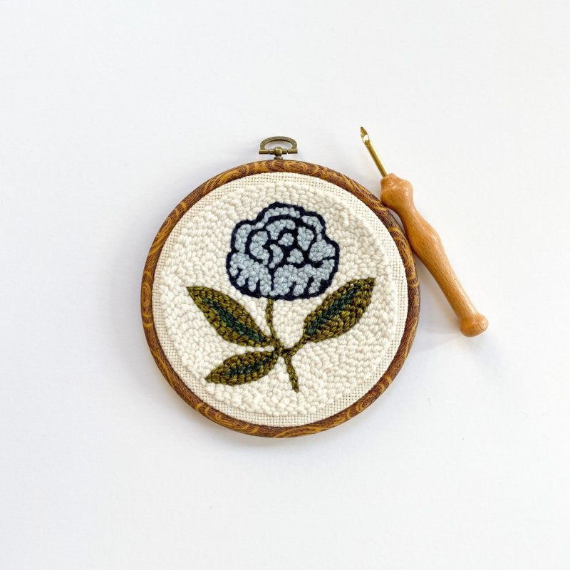 Blue Peony Punch needle kit on a white background