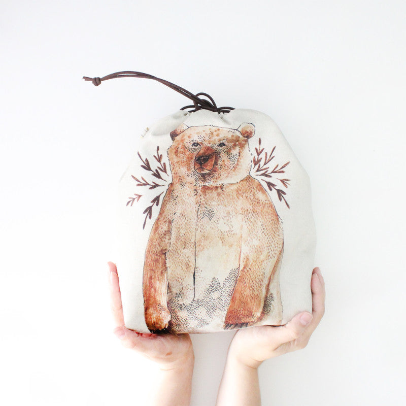 knitting project bag with brown bear illustration on the front