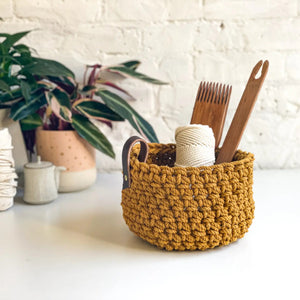 crochet rope basket in mustard