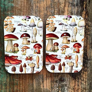 Two resin topped tins with vintage mushroom motif