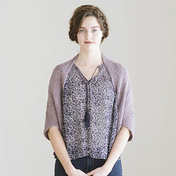 Woman wearing Bridie knitting pattern from Quince and Co